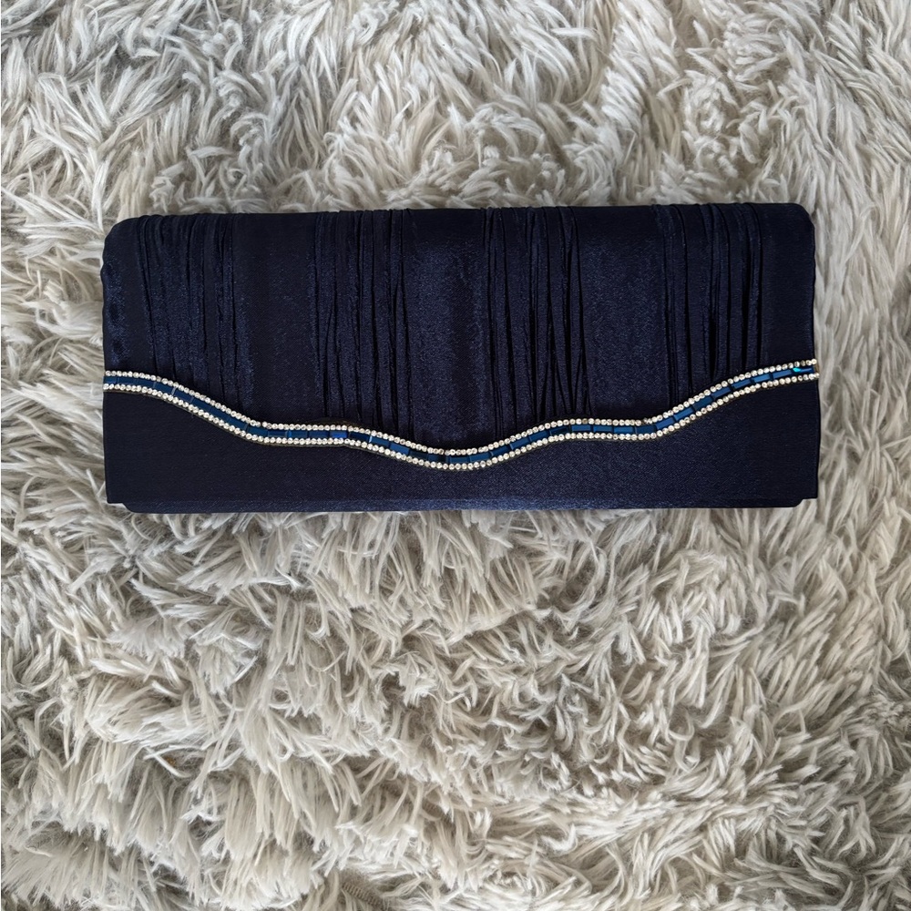 NEW Elegant Blue Satin Clutch with Beaded Wave Accent
